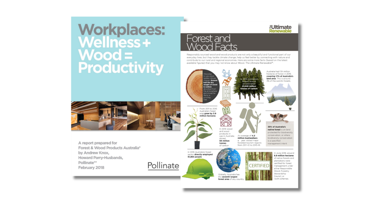 Cover pages of Workplaces: Wellness=Wood + Productivity report and the Forest and wood fact sheet cover